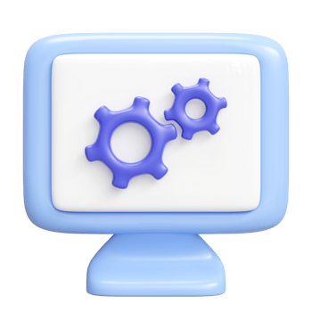 3d Computer monitor cartoon with gear isolated. minimal design, 3d illustration render. png