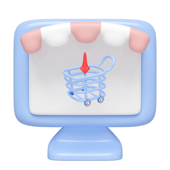 3D computer store front with shopping cart isolated . Ideal for online shopping , represents e commerce and online retail. cartoon style, minimal design, 3d render illustration png