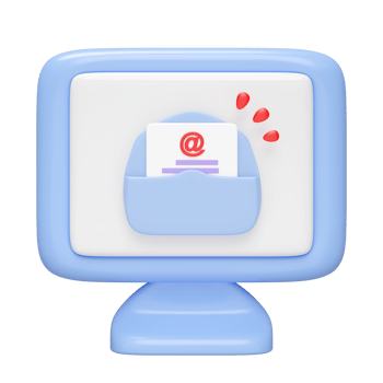 3D Computer monitor with envelope, at symbol isolated. notify newsletter, online social network, incoming email concept, minimal design, cartoon style, 3d illustration render. png
