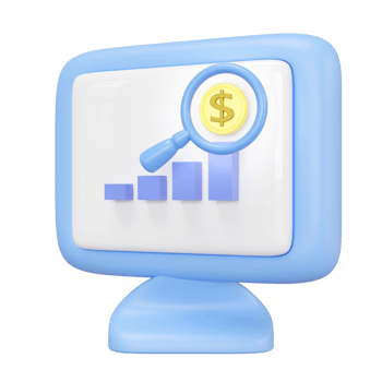 3D computer monitor with magnifying glass, dollar coin, bar graph isolated. Ideal for web analytics, social media concepts. Represents internet, digital communication, 3d render illustration png