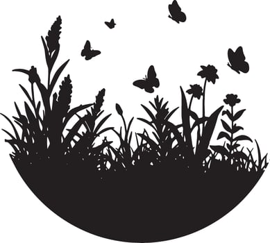Serene Black Silhouette of Grass, Flowers, and Butterflies in a Peaceful Meadow Scene - Professional digital artwork with vibrant colors and detailed composition vector