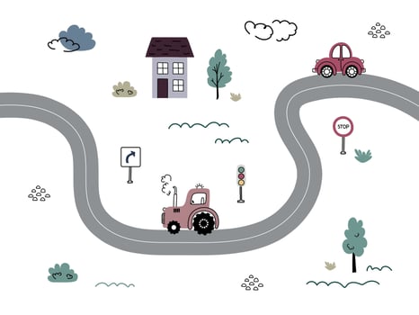 Colorful illustration of a winding road featuring a house, a tractor, and traffic signs in a playful landscape vector