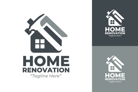 Minimalist Home Renovation Logo Featuring Hammer and House Design in Grey and White vector