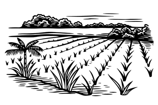 Sugarcane plantation landscape illustration, tropical agriculture, fields, palm tree, rural farmland, nature scene vector