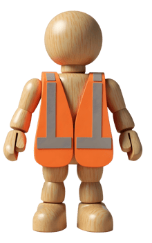 Wooden figure wearing orange safety vest with reflective stripes standing upright png