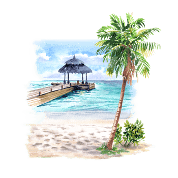 Watercolor hand drawn image with the Pier in the tropic sea png