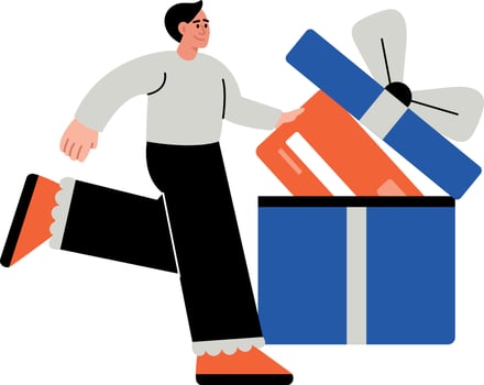 A flat style illustration showing a person holding gift card vector