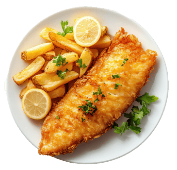 Fried Fish and Chips with Lemon Slices on a Plate in Image png