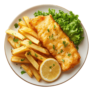 Top-Down View of Fish and Chips Meal with Lemon and Salad on a Plate, Image png