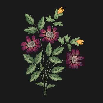 Meadow flower embroidered with pink, yellow and green stitches on black background. Elegant embroidery design with wildflower or herb. Fancywork or hand made work. Colored illustration. vector