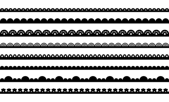Lace border edge. Scallop pattern on fabric ribbon. Set of lines with ornament isolated illustration on white background. vector