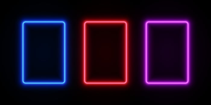 Light neon rectangle frames. Glow LED border of blue, red and purple colors on black transparent background. Set laser template for design. vector