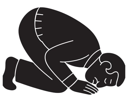 Silhouette of a man kneeling in sujood position with forehead touching the ground, islamic silhouette vector