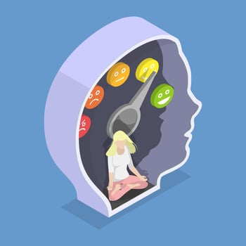 3D Isometric Flat Conceptual Illustration of Emotion Stages, Stress Level Meter Gauge vector