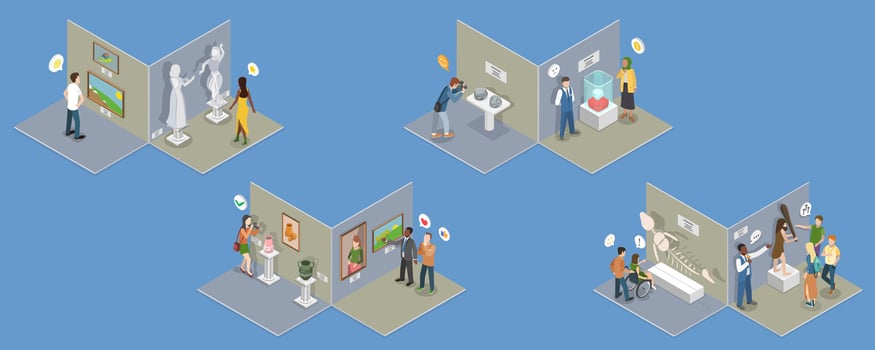 3D Isometric Flat Conceptual Illustration of Arts And Paleontology Museum, Gallery Exhibition vector