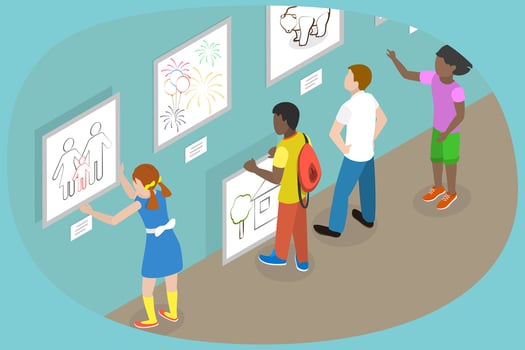 3D Isometric Flat Conceptual Illustration of Children Drawings Exhibition, Art Projects for Kids vector