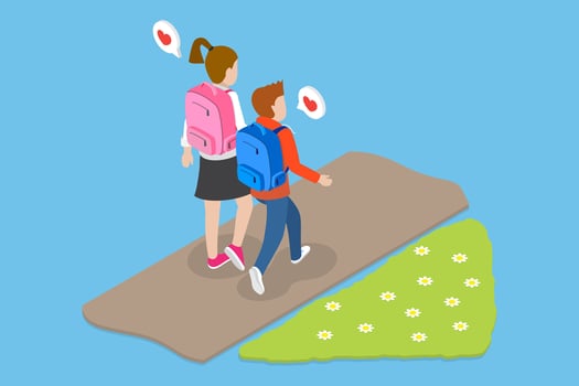 3D Isometric Flat Conceptual Illustration of Two Children Characters , Brother and Sister with Backpacks Going to School vector