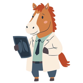 Cute horse in doctor's suit holding x-ray on white background. Flat illustration in simple children's style vector