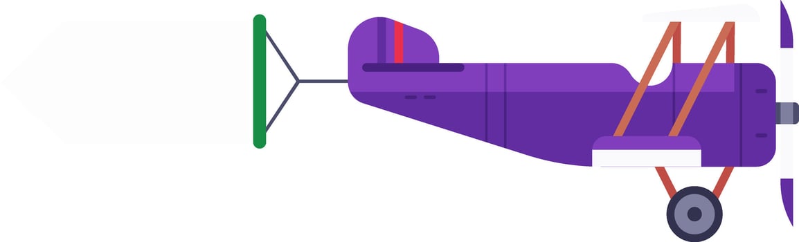 Purple vintage airplane flying and towing a green advertising banner, creating a striking image of classic aviation and promotional marketing vector