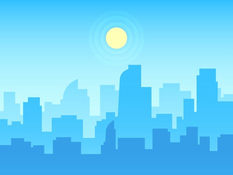 Minimalist illustration featuring a vibrant blue city skyline, showcasing towering skyscrapers under a bright sun in a clear, sunny sky, creating a modern urban landscape vector