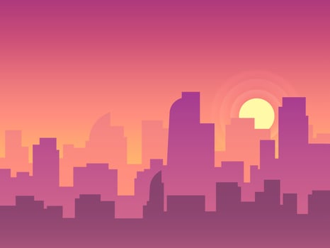 Purple and orange gradient sunset over a modern city skyline with skyscrapers and office buildings creating a vibrant and colorful urban landscape vector
