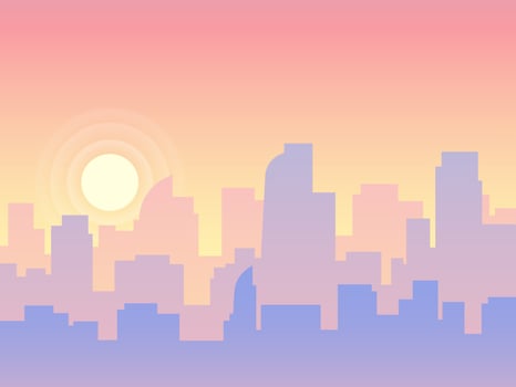 Urban skyline with skyscrapers and office buildings at sunrise, creating a colorful and modern cityscape with a beautiful gradient from pink to violet vector
