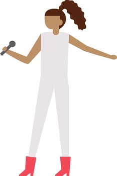 Young woman with brown hair tied in a ponytail, dressed in white, holding a microphone and singing, wearing red high heeled boots, performing on stage vector