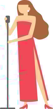 Female singer dressed in a long, elegant gown, passionately holding a microphone and captivating the audience with a live performance on stage, radiating talent and glamour vector