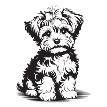 Adorable Maltese Puppy with Bow - Black and White Line Art vector