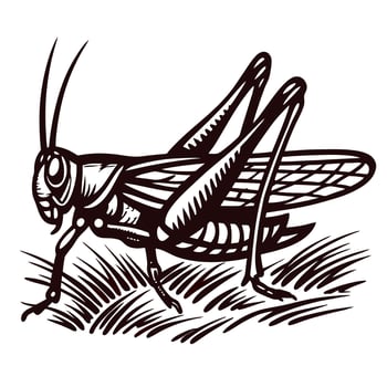 Detailed hand drawn grasshopper sketch standing on grass, vintage engraved black ink insect illustration vector