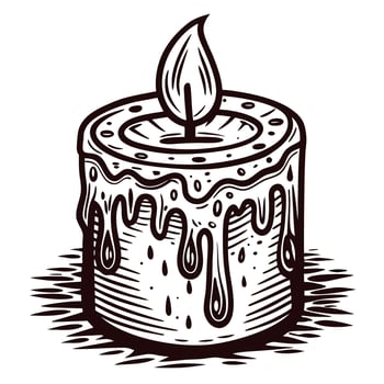 Burning wax candle with melting drips and flame in vintage hand drawn engraving etching illustration vector