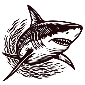 Fierce great white shark illustration with open mouth and sharp teeth in swirling water, bold black outline drawing vector