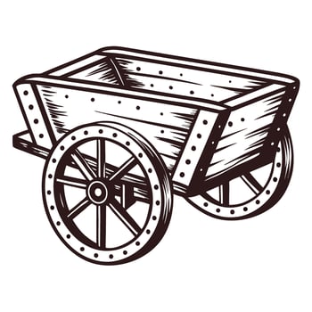 Hand drawn wooden mining cart illustration with metal wheels isolated on white background vector