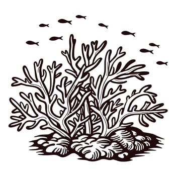 Hand drawn coral reef with swimming fish isolated on white background vintage marine life sketch illustration vector