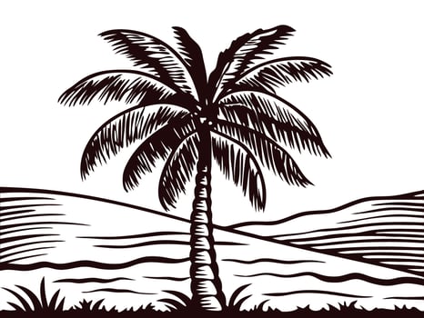 Illustrated palm tree silhouette in desert landscape with rolling hills vector