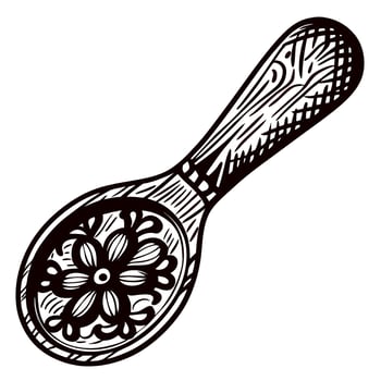 Ornate hand carved wooden spoon with floral pattern isolated vintage engraving illustration vector