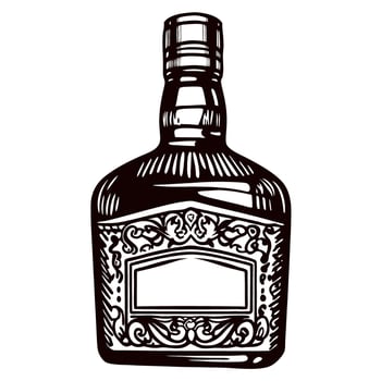 Decorative hand drawn whiskey bottle illustration with ornate label and vintage engraved on white background vector