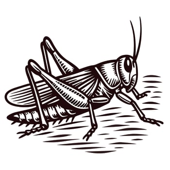 Detailed hand drawn grasshopper in vintage engraving style, side view insect illustration on white background vector