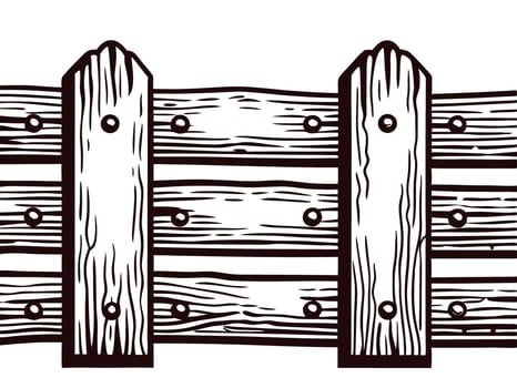 wooden horizontal plank fence illustration with vintage hand drawn engraved design vector