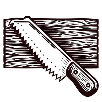 Vintage engraved illustration of a hand saw cutting wooden plank with detailed handle and textured wood grain vector