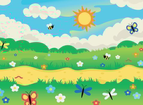Meadow with flowers and herb. Butterflies, bees, dragonflies, caterpillars. vector