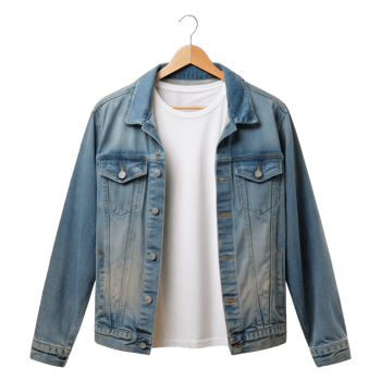 Light blue denim jacket with white t shirt on wooden hanger isolated on transparent background. png