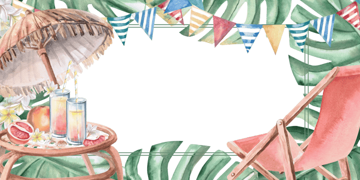 Rectangular frame with beach chair and umbrella, festive flags and table with treats. Isolated watercolor illustration on party theme for invitations, menus, posters. png