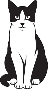 Cat sitting black and white drawing, Calm cat in resting pose artwork vector