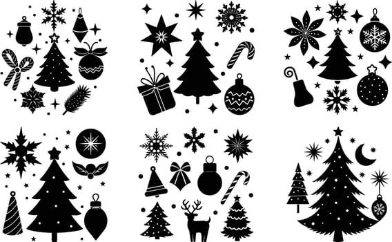Black and white Christmas tree icons and decorations vector