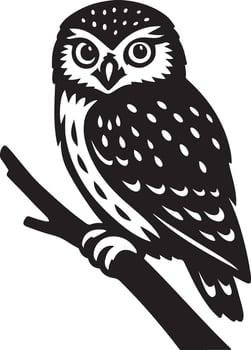 Owl perched on branch line drawing, Detailed bird in resting pose sketch vector