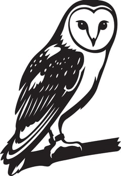 Barn owl silhouette on branch black and white, Nocturnal bird perched elegant drawing vector