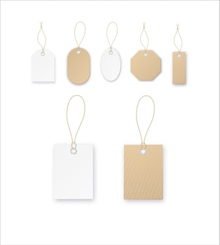 Set of tags or sale shopping labels with rope . White paper and brown kraft realistic material. Flat design isolated . vector