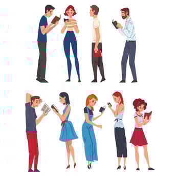 People Reading Books while Standing Set, Students Characters Studying or Preparing for Exam, Book Lovers, Literature Fans Cartoon Style Illustration vector