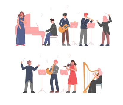 Musician Characters Playing Musical Instruments Set, Playing Violin, Classical Musicians Performingon Stage, Instrumental Symphony Orchestra Flat Style Illustration vector
